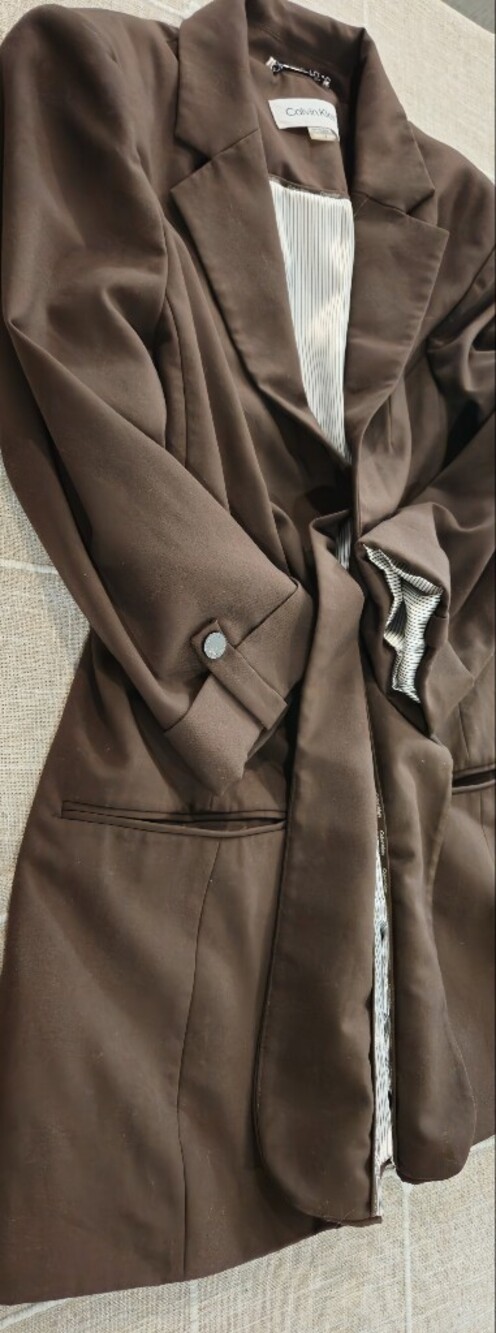 Calvin Klein Women's Roll-Tab Sleeve Open-Front Blazer Chocolate Brown 14